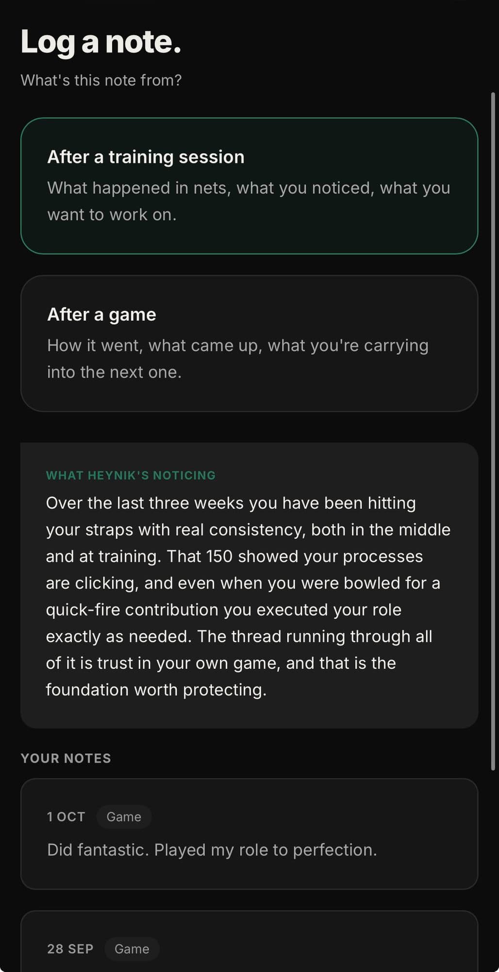 HeyNik app Log a note screen, showing HeyNik's AI-generated read on the player's recent form and notes.
