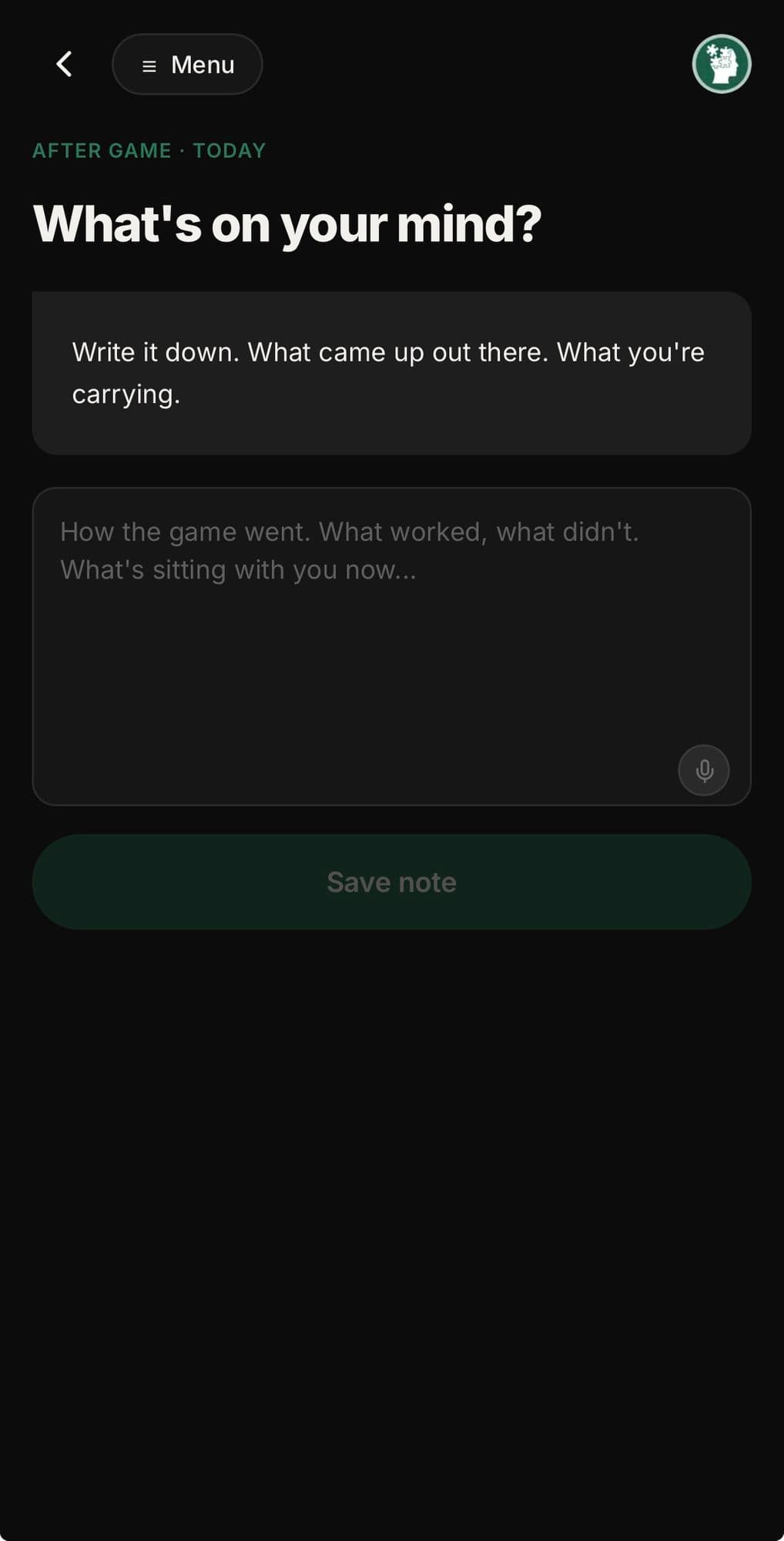 HeyNik app Log a note screen, prompting "What's on your mind?" after a game.
