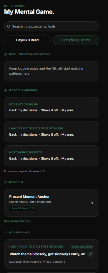 HeyNik app My Mental Game screen, Everything I Know tab, showing focus anchors, tools and preframes the player has built.